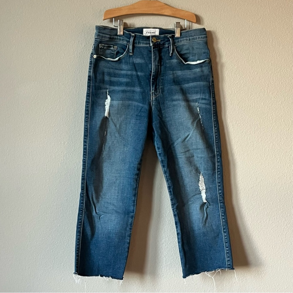 Frame Le Sylvie Slender Straight Blue Denim Distressed Jeans Raw Hem Size 29